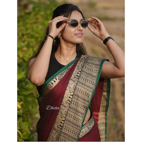 Image of Narayanpet Pure Cotton Avani Border Saree for Women with Running Blouse | Tassels | Traditional Woven Solid Design | Handloom Weave