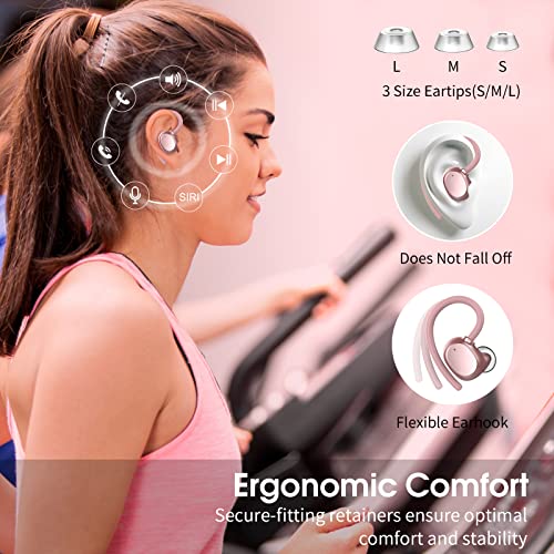 Image of Wireless Earbuds, HiFi Stereo Sport Bluetooth 5.3 Headphones with Earhooks, 48H Deep Bass in-Ear Headphones with LED Display, Noise Cancelling, IP7 Waterproof Earphones Built-in Mic for Running (Rose)