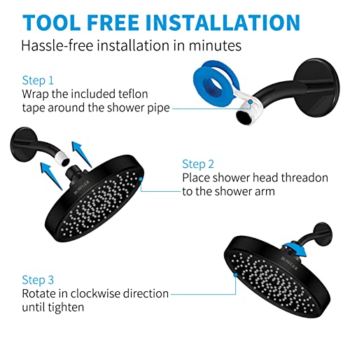Shower Head - High Pressure Rain Fixed Showerhead - 6" Large High Flow Booster - With Anti-Clog & Self-Cleaning Silicone Jets – Tool-Free Installation - For Bathroom Replacement Upgrade (Matte Black) #TOP4