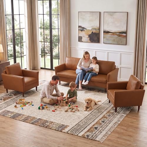 Image of Kingfun 3 Piece Living Room Furniture Sets, 3 Seater Couch and 2 Armchair, Faux Leather Couch Set, Mid Century Modern Sofa Set with Solid Wood Frame for Living Room, Office, Dark Brown