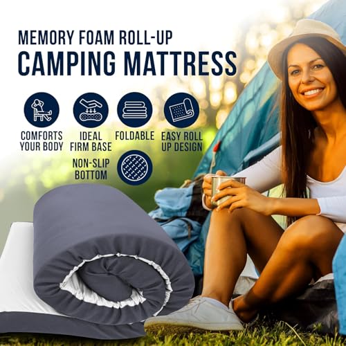 Foamma 4\" x 26\" x 72\" High Density Roll-Up Camping Mattress with Water Resistant Zipper Cover, Foldable and Portable for Camping, RV Bunk, Tent, Guest Bed, Outdoor and Dorm, CertiPUR-US Certified Foam