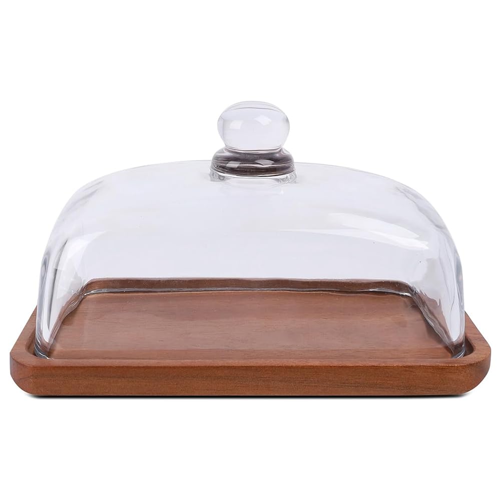 CTRLZS Glass Clear Domed Cheese Dish with Wood Lid Butter Dishes Tray for Table, Countertop