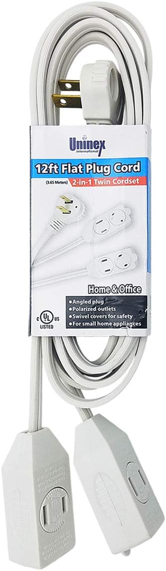 Uninex AC212UL Flat Angle Plug Extension Cord with Twin Tap, UL Listed, White, 12-Foot