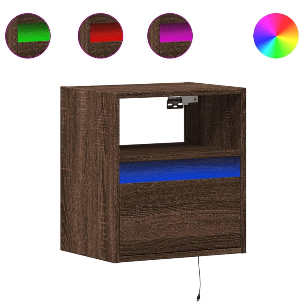 Comodini da parete con luci a LED, set da 2 pezzi, colore marrone quercia, consolle da notte sospese con cassetto per camera da letto mobili