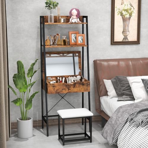 GOFLAME Vanity Table Set with Flip Top Mirror, Ladder Vanity Desk and Cushioned Stool Set with Shelves and Hidden Storage Compartments, Makeup Dressing Table Set for Bedroom, Small Spaces, Black+Brown
