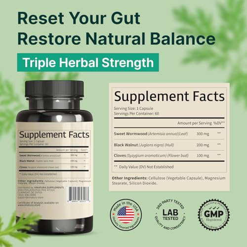 Image of VINATURA Wormwood Black Walnut Clove Capsules - Cleanse, Detox, Intestinal Guard Formula Supplement for Humans, with Wormwood herb, Black Walnut Extract Combination, 60 Capsules