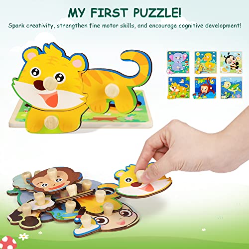 Toy Life Wooden Peg Puzzles For Toddlers 1-3, 6 Pack Baby Puzzle Birthday Gifts For 1 2 3 Year Old Girls Boys, Wood Animal Puzzles For Kids Ages 2-4, Educational Montessori Learning Toys For Toddlers #TOP6