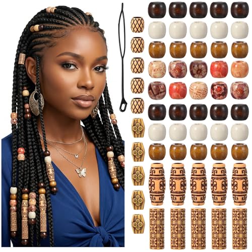 60pcs Wood Hair Beads for Braids Dreadlocks Painted Wooden Beads for Hair with 1 Braiding Tool Vintage Multi Style Braid Bead for DIY Jewelry Making Hairs Decoration