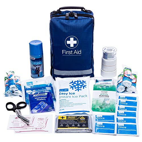 Premium Sports First Aid Kit - Fully Stocked with 2 x Ice Packs Freeze Spray Foil Blanket and More.