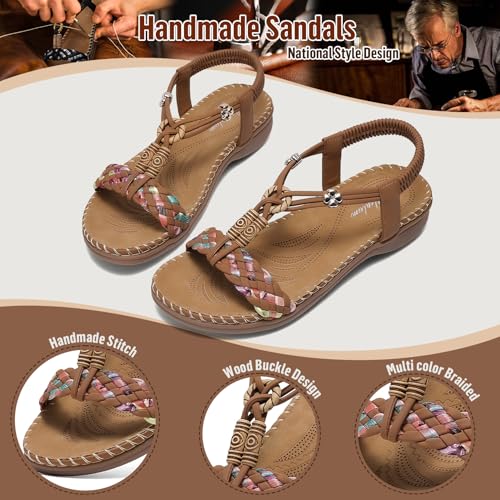 Image of Littleplum Women Sandals Arch Support Handmade Bohemian Braided Flat Sandals Comfort Walking Beach Ankle Elastic Summer Shoes