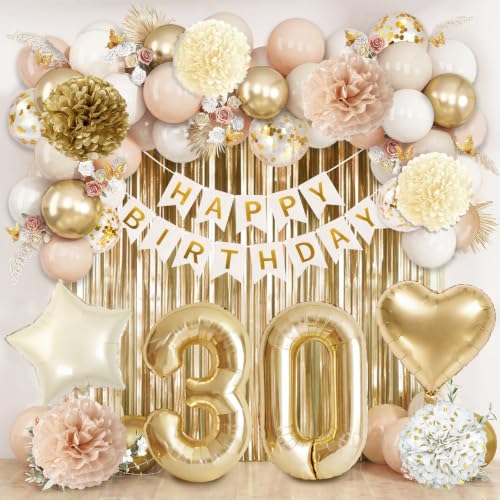 Deco Anniversaire 30 Ans | 30 Ans Anniversaire Femme Homme Arche Ballon Blanc et Doré Beige, Banderole Joyeux Anniversaire, Rideau Métallique à Franges, Pompons Papier, Ballon Coeur Aluminium