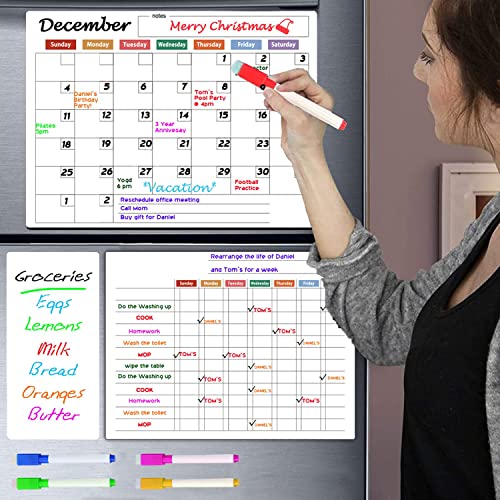 Averfeel Dry Erase Calendar Board for Refrigerator, 3Pack Kitchen Fridge Planners with 5 Markers and Eraser for Monthly Weekly Organizer Daily Notepad Wall Family Calendar