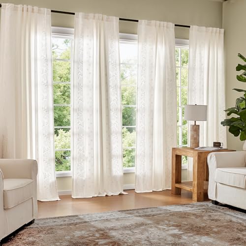 Image of jinchan White Floral Linen Curtains for Living Room 84 inch Back Tab 2 Panels