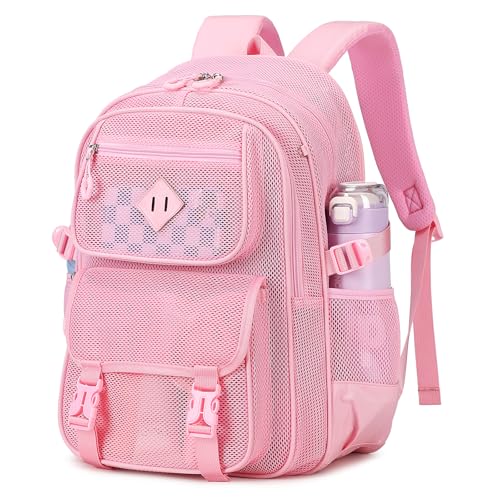 PIG PIG GIRL Mesh Backpack, 17in Heavy Duty See Through Backpack Ultra-Lightweight Net Bookbag Breathable Transparent Beach Backpacks for School Sports Gym, Pink