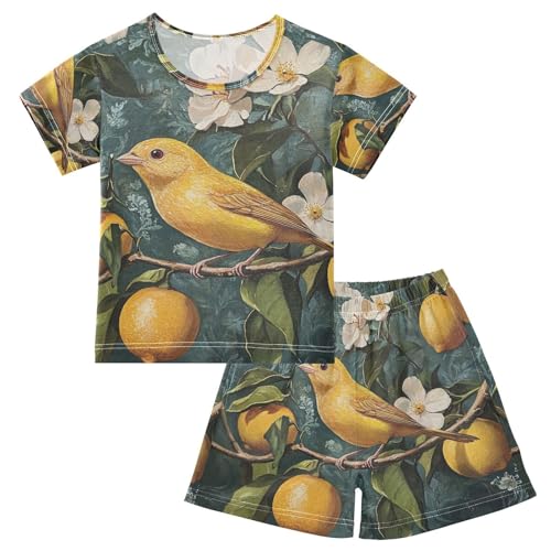 ALAZA Vintage Lemons Flowers Bird Pajama Set Short Sleeve Sleepwear Soft Lounge Nightwear