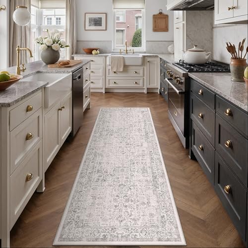 PureCozy Gray Runner Rug 2x8 Hallway Machine Washable Kitchen Vintage Distressed Non Slip Long Carpet Indoor Grey Retro Floral Bedroom Accent Throw Rug for Bathroom Office Laundry Dining Liv