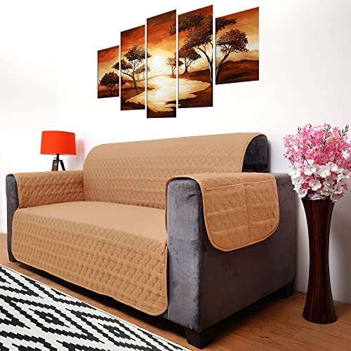 Image of DREAM KING 3 Layers Reversible Sofa Cover Polyester 4 Seater Quilted Sofa Cover with Side Pockets Beige & Maroon
