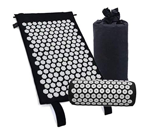 Kit de esterilla de acupresión con almohada, cojín de masaje para yoga, tratamiento alivio del dolor de espalda y cuello, 66 x 42 cm, color negro