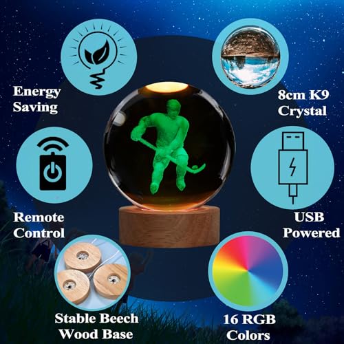 Image of Hockey Night Light, Ice Hockey Gifts, Hockey 3D Crystal Ball Night Light with Remote Upgraded 3.15 Inch Lamps with 16 Color for Birthday Xmas Cool Figurines Gifts for Room Decor Boys Girls