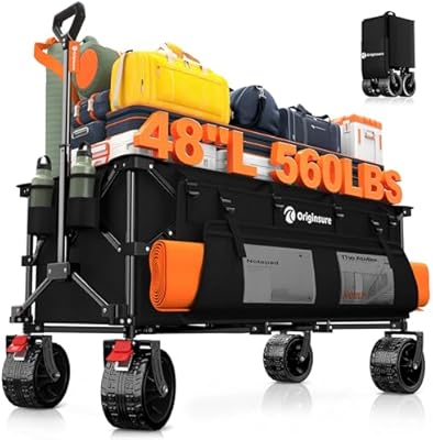 Originsure 48" L Collapsible Wagon Cart Foldable, 560lbs Weight Capacity 300L Heavy Duty Folding Beach Wagons with Big All-Terrain Wheels, Utility Carts for Groceries, Camping, Sports - Black