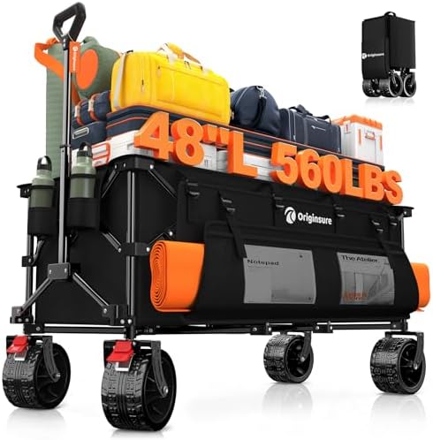 Originsure 48" L Collapsible Wagon Cart Foldable, 560lbs Weight Capacity 300L Heavy Duty Folding Beach Wagons with Big All-Terrain Wheels, Utility Carts for Groceries, Camping, Sports - Black