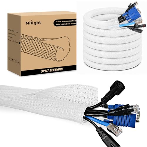 Image of Nilight Cable Sleeve,25ft-1inch Cord Management Sleeves White Wire Loom | Braided Sleeving, Split Self Wrapping Wire Loom for Computer Electrical Automotive Harness Protector Organizer, White