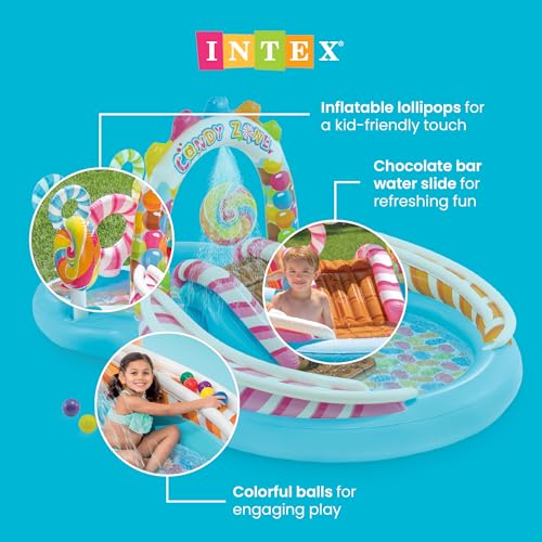 Image of INTEX Candy Zone Inflatable Kiddie Pool: Inflatable Kids Pool with Water Sprayer and Slide - Splash Pad - 116 inch x 75 inch x 51 inch - Ages 3+