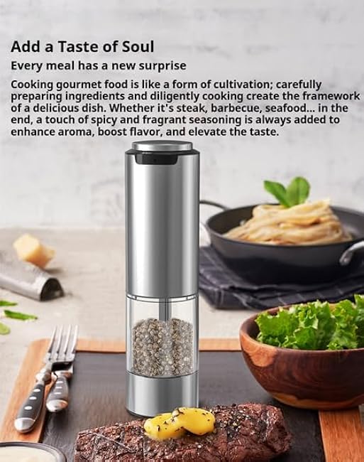 Seasonmate ¨C Stainless Steel Electric Salt & Pepper Grinder Set, Seasonmate Electric Pepper Grinder, With Integrated LED Light & Storage Base for Precise Seasoning