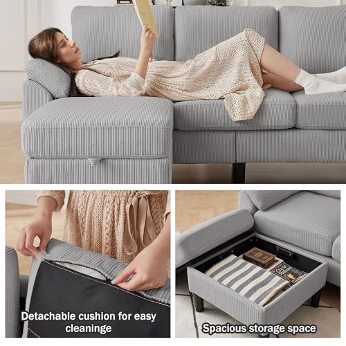 Image of 79.72 inch 3 Piece Corduroy Sofa Set with Storage Ottoman & Loveseat, L Shaped Sectional Couch with Side Pockets, Convertible Living Room Furniture Set for Small Space