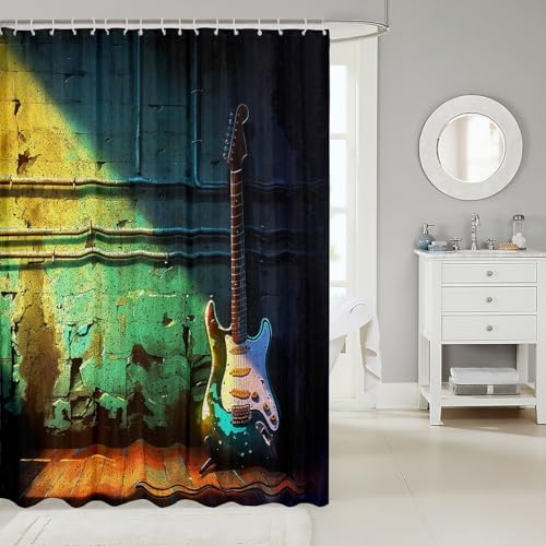 Image of Guitar Bath Curtain Music Themed Shower Set for Stalls Bathtubs - Instruments Print Ultra Soft Decor Musical Pattern Waterproof Bathroom Curtains 72x78 Inch