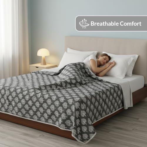 Image of HOMEMONDE 100% Cotton Reversible Dohar Double Bed Size | 300 TC AC Blanket Comforter | Soft Lightweight Bed Blanket Quilt | Premium Gift Box Included (84 x 94 Inch, Dark Grey & White, Pack of 1)