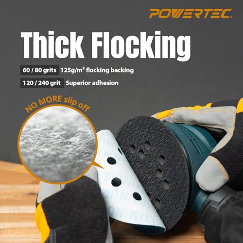 Image of POWERTEC 5 Inch 8-Hole Hook and Loop Diamond Shaped Sanding Discs, 30-Pack Assorted Grits (60 /80 /120) for Random Orbital Sanders -J-Weight Cloth Backing for Long Life, Anti-Clog Sandpaper (44900)