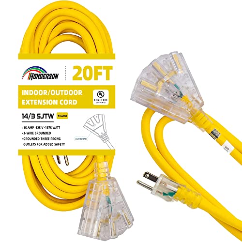 HONDERSON - 3 Way Extension Cable for Indoor & Outdoor Weatherproof with Illuminated End, UL Listed 14 Gauge 20ft Yellow 3 Point Heavy Duty 14/3 SJTW