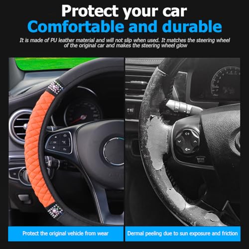 Image of Osilly Bling Car Steering Wheel Cover, 15 Inch Rhinestones Soft Leather Elastic Steering Wheel Protector, Sparkly Crystal Diamond for Women Girls (Orange)