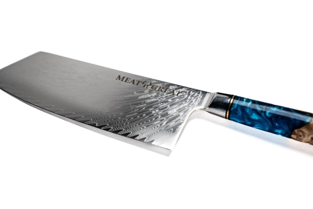BABOSSA Meat 'n' Great Aquarell Chai Dao mit 19cm Klinge aus VG10 Damaststahl | Profi Chai Dao mit Griff aus Epoxidharz und Holz | 33cm Gesamtlänge