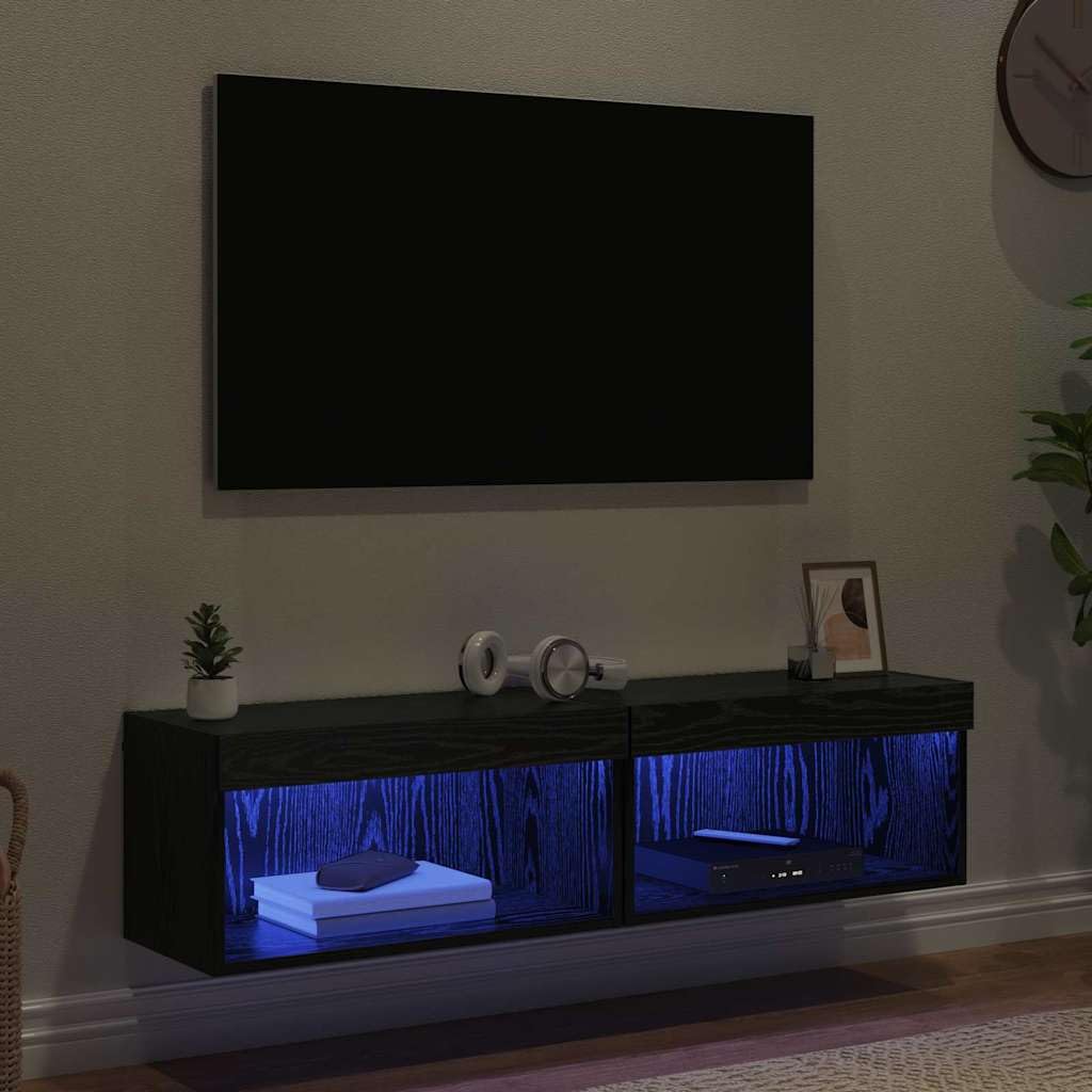 Gabinete LED de pared madera ingenierizada para sala moderna Negro 13.46 | Conjunto de mueble de TV 2 uds. Roble Negro Montaje en Pared con Luces LED USB para Salón Moderno con Estantes y Puertas,