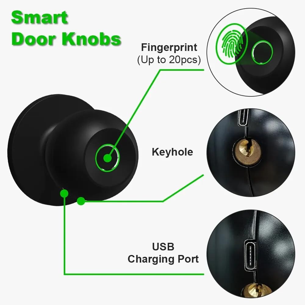 Smart Door knob, Elektronisches Türschloss, Fingerabdruck-Türknopf mit App-Steuerung, Biometrisches Türschloss, für Schlafzimmer、Wohnungen、Büros、Hotels