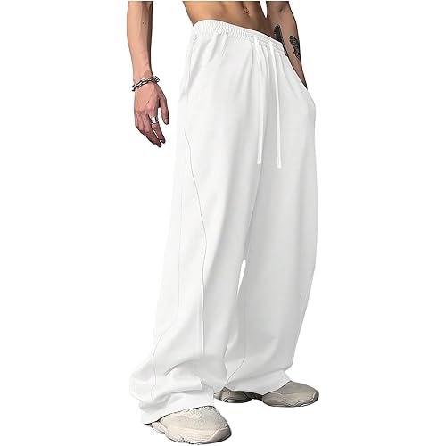 OYOANGLE Men's Drawstring Elastic Waist Baggy Sweatpants Y2K Loose Wide Leg Long Pants with Pocket