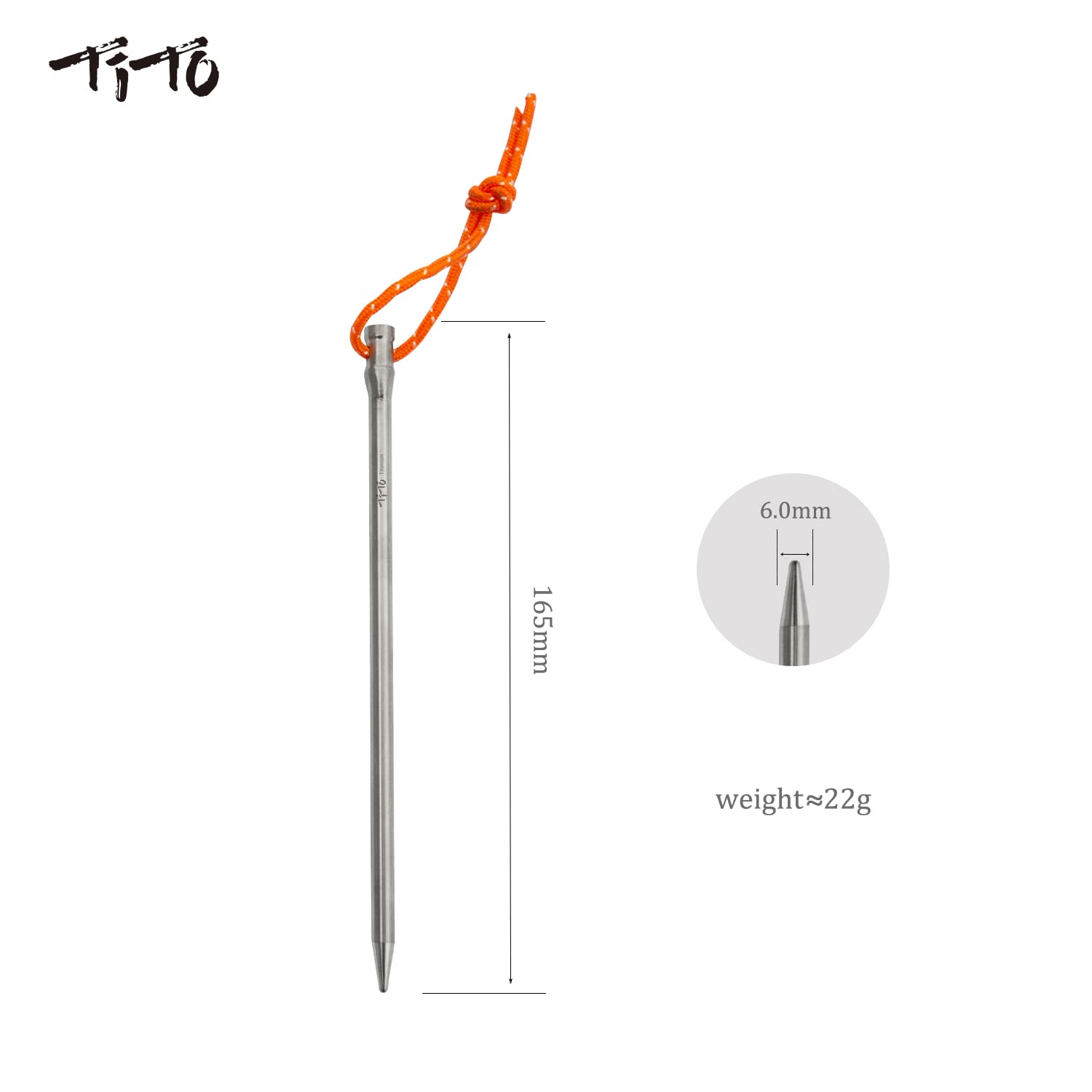 TiTo Titanium Zeltheringe Heringe Sandheringe,Ultralight Heavy Duty Titan Legierung Zelt Stakes Pegs mit Bändchen und Aufbewahrungsbeutel für Garten Nägel Camping Angeln Wanderunge(Titan 6*165-6pcs)