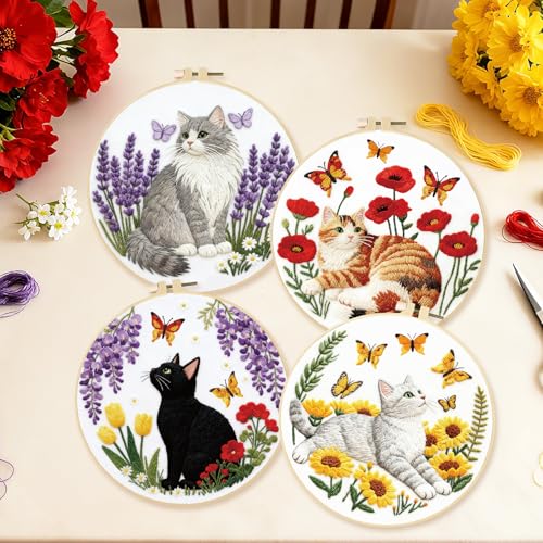 Image of BEUNITONE 4 Set Embroidery Kit for Beginners, Cat and Butterfly Pre-Stamped Pattern Needlepoint Kits for Adults with Hoop and Instruction, Cute Hand Embroidery Patterns for Cloth and Home Decor
