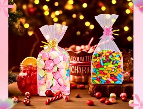 MAARA Cellophane Bags, Pack of 50 (8"X12"/20X30CM) Medium Clear Sweet Bags, Food Safe Cookie Bags With Bows, Treat And Party Bags For Mugs, Flat Bottom Plastic Cellophane Gift Bags - Image 6