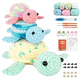 Gobesty 3 Stück Häkelset für Anfänger, Tiere Tricken für Anfänger Set, Schildkröte Crochet Set, Häkel Set mit Schritt für Schritt Video Häkelnadel Garn DIY Häkel Zubehör, Häckel Kit für Erwachsene