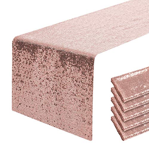 6 Packs 12 x 108 inches Rose Gold Sequin Table Runner, Glitter Rose Gold Table Runner for Wedding Birthday Bachelorette Holiday Party Supplies Decorations Bridal Shower Baby Shower