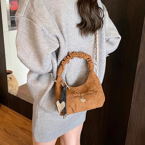 Slouchy Shoulder Bag Y2k Bow Suede Hobo Handbag for Women Cute Heart Charm Retro Underarm Purse with Ruched Handle Fall2