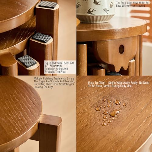 Juego de 6 taburetes redondos apilables de madera maciza, diseño sin respaldo para comedor, cocina, sala de estar y uso al aire libre, elegante acabado negro, ahorro de espacio y versátil - imagen 5