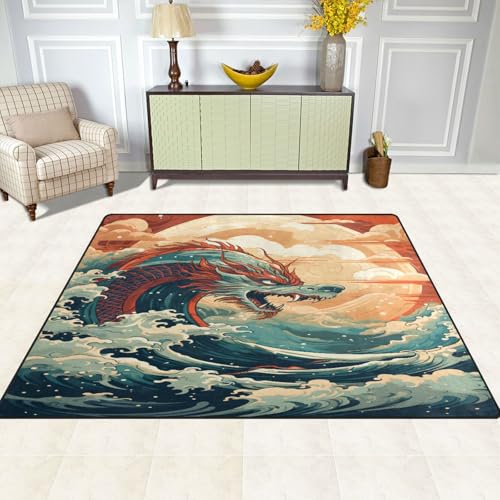 Tapis de sol style chinois vagues de dragons 203x147 cm - 5