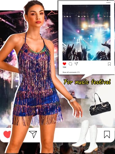 Image of Kaei&Shi Sequin Fringe Romper,Sparkly Glitter Metallic Jumpsuits For Women,Backless Shorts Dress Disco Birthday Dance Outfit