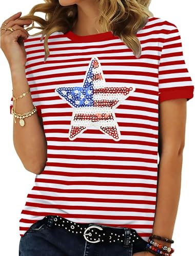 Ithalt Women 4th of July Shirt Fourth of July Shirts USA Sequin Tshirt American Patriotic Short Sleeve Tops Stripes Tees(BSparkleRed, Small)