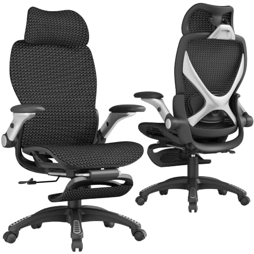 Image of ELABEST X100 Ergonomic Mesh Office Chair with Footrest, Big and Tall Home Desk Chair with 5D Flip-Up Arms, Adjustable 3D Lumbar Support, Gaming & Executive Computer Chair (Wave Black)