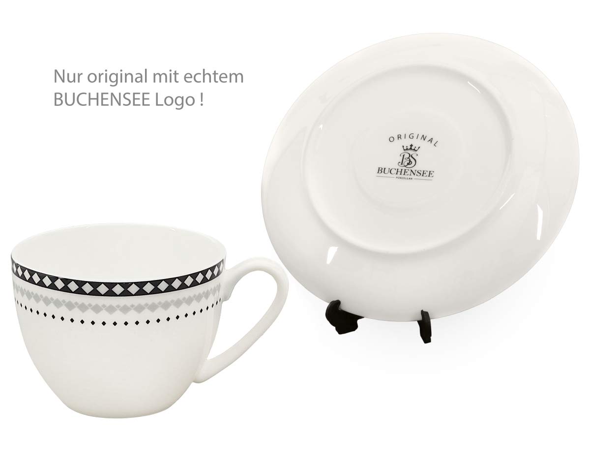 Kaffeeservice aus Fine Bone China Porzellan. Tee- / Kaffeekanne 1,5l mit stilvollem Rautendekor, 2 Kaffeetassen und 2 Unterteller.